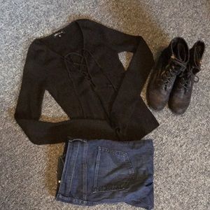 Kendall&Kylie Black Ribbed Lace Up Sweater